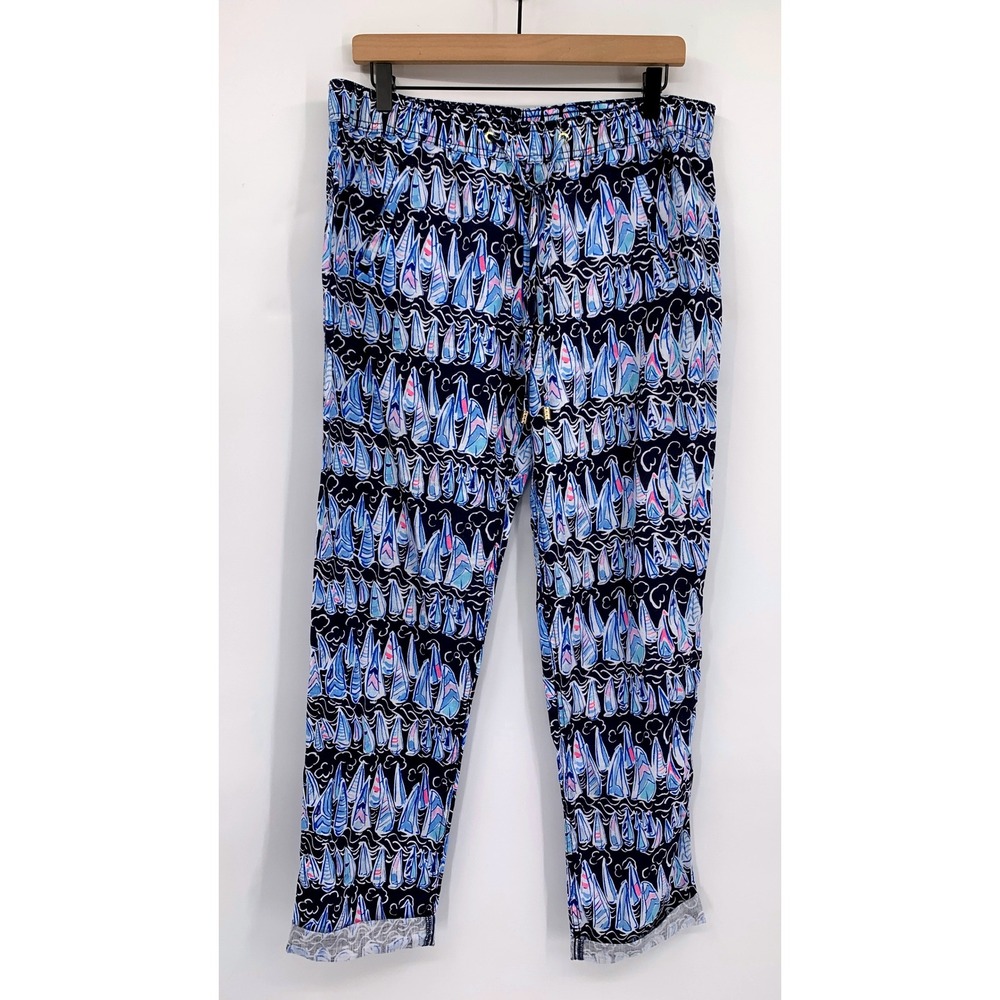 Lilly Pulitzer Linen Pants Womens Medium Blue Pink Sailboat Beachy Nautical